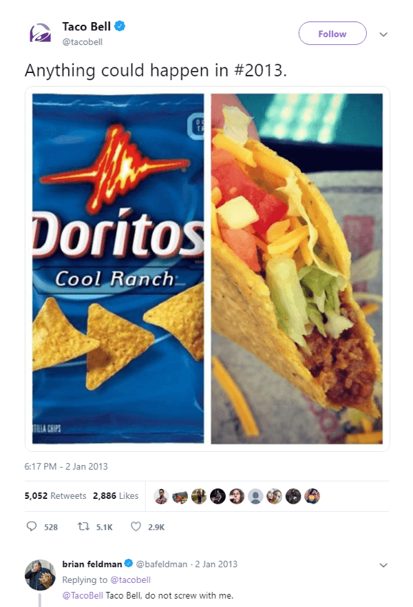 Az eredeti előzetes tweet a Doritos Locos Taco számára.