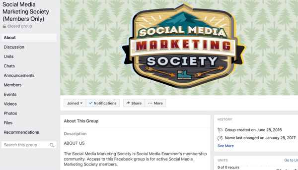 A Facebook Csoportok funkcióinak használata, példa a Facebook csoport oldalára a Social Media Marketing Society számára