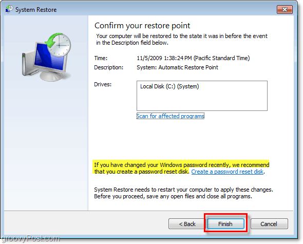 hogyan lehet megerősíteni, hogy visszaállította a Windows 7-t egy visszaállítási ponttal, és hogyan hozhat létre jelszó-visszaállítási lemezt