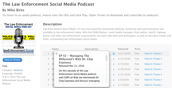 a bűnüldöző szervek közösségi média blabjai, amelyeket podcastként töltenek fel az iTunes-ra