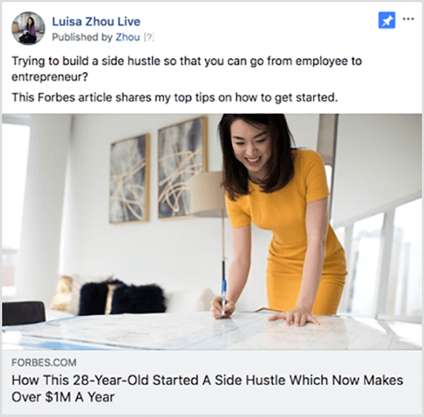 Andrew Hubbard olyan hirdetéseket futtat, amelyek bemutatják a webes szemináriumot online cikkekben és podcastokban, hogy felépítsék tekintélyüket, mielőtt a közönség megnézné a webes szemináriumot. Ebben a példában a Luisa Zhou Live hirdetési profilokat készít Zhou-ról a Forbes-ban. A cikk bemutatja a vállalkozóvá válás tippjeit.