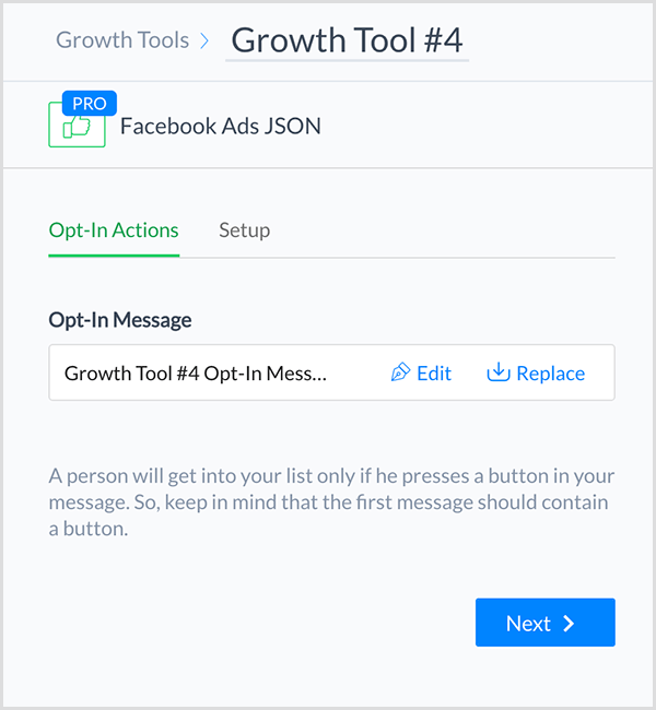 Molly Pittman szerint a ManyChat Facebook Ads JSON Growth Tool segítségével csatlakoztathat egy Facebook-hirdetést a chatbotjához.