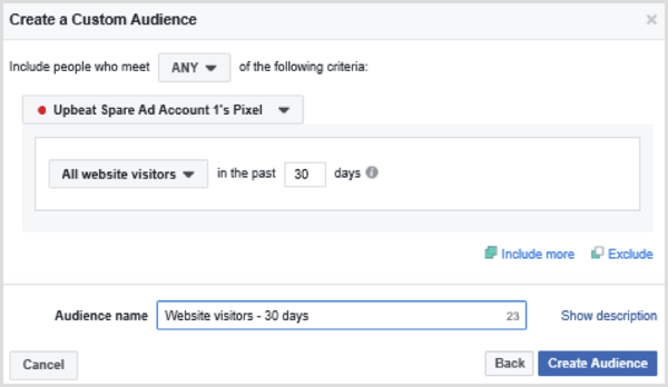 Válasszon opciókat az elmúlt 30 nap összes látogatójának Facebook egyéni közönségének beállításához
