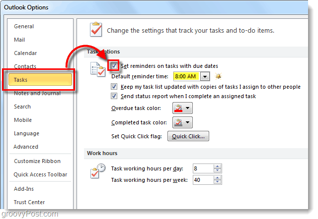 Az alapértelmezett feladat-emlékeztetők beállítása az Outlook 2010-hez