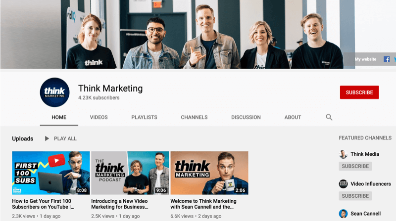 YouTube csatornaoldal a Think Marketinghez