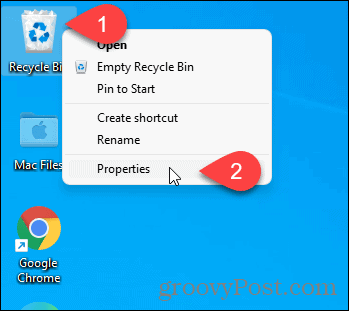 Szerezze be a Lomtár tulajdonságait az asztali ikon használatával a Windows 11 rendszerben