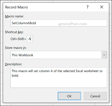 Az Makró rögzítése beállítások menü Excelben