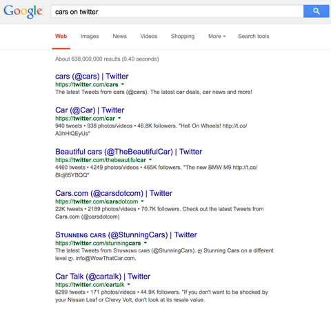 A twitter profil eredményeként a google a gépkocsikban keresgélhet a twitteren
