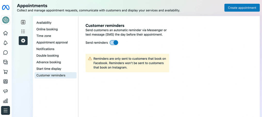 a lefoglalt időpontok-vagy foglalások-meta-business-suite-send-reminders-panel-click-settings-tab-select-customer-reminders-click-toggle-to-enable-example-menedzselés módja 19