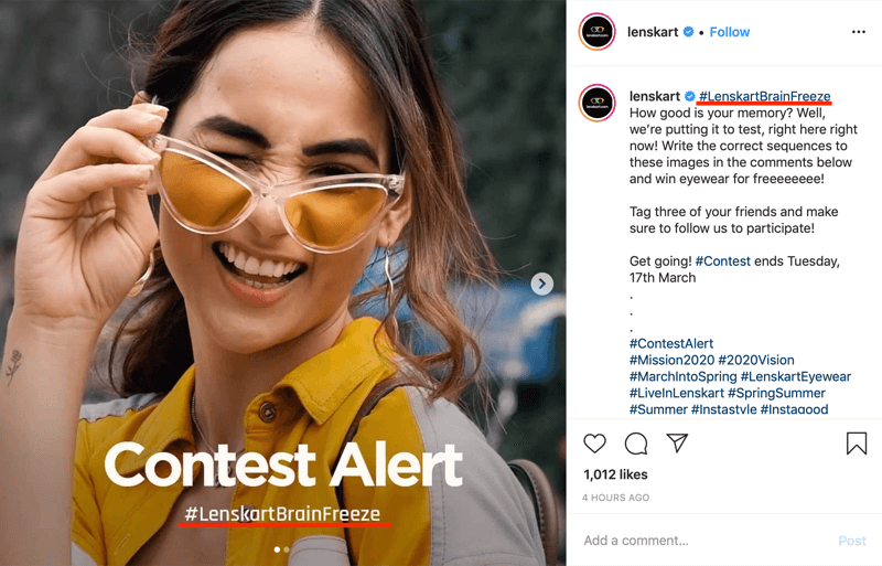 példa az Instagram versenybejegyzésére, amely márkás hashtaget tartalmaz képében és feliratában