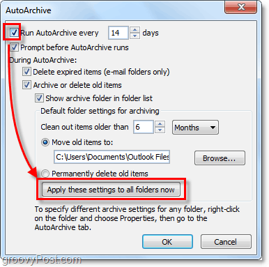 engedélyezze az automatikus archiválást az összes Outlook 2010 e-mailhez