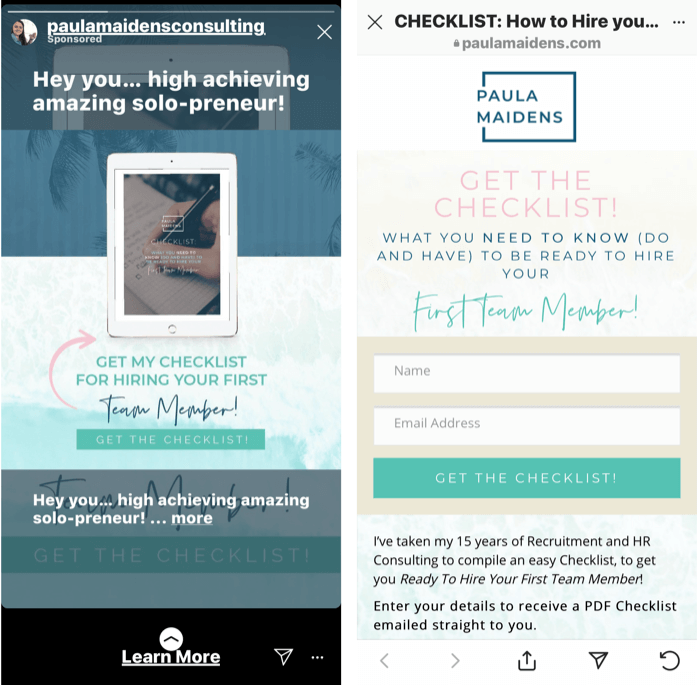 képernyőkép egy Instagram Stories hirdetésről, amely ingyenes ellenőrzőlistát kínál az első csapatmenedzser alkalmazásához