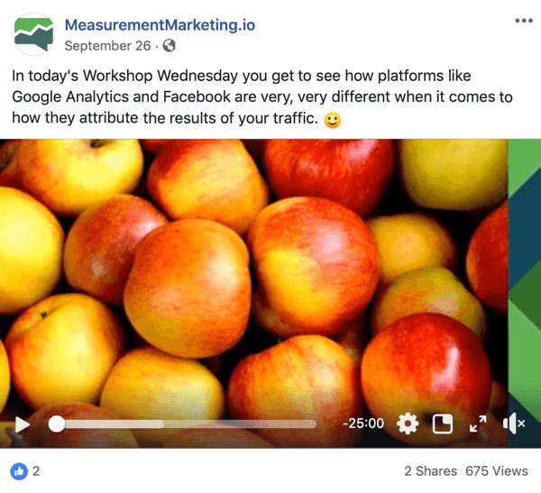 Ez egy képernyőkép a Facebook-bejegyzésről a MeasurementMarking.io oldalon. A bejegyzés egy videót is mutat, amely népszerűsíti Chris Mercer Workshop szerdai vezető mágnesét. Lehet, hogy a videót megtekintő vagy kattintó felhasználók teljesítették a figyelemfelkeltés célját.