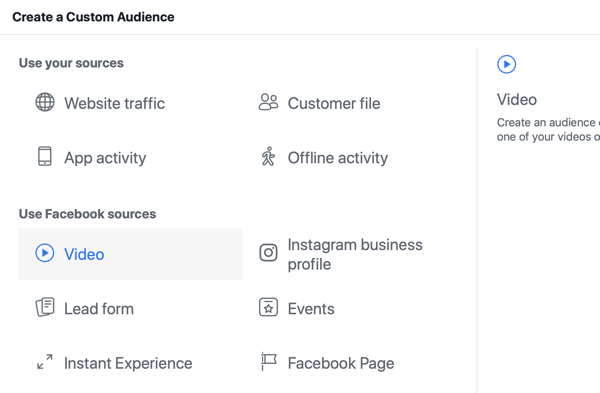 Hogyan népszerűsítheti élő eseményét a Facebookon, 8. lépés: hozzon létre egyéni közönséget a Facebook Ads Manager alkalmazásban a videomegtekintések alapján