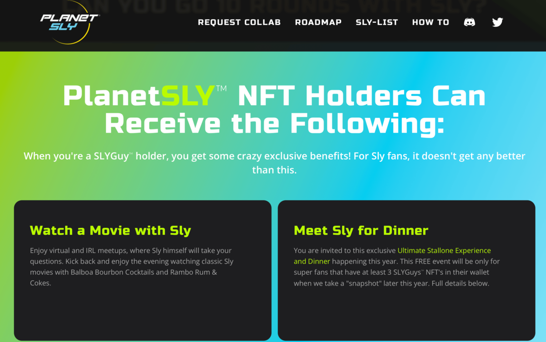 Kép a PlanetSly webhelyről, amely bemutatja a SLYGuy NFT-tartók előnyeit
