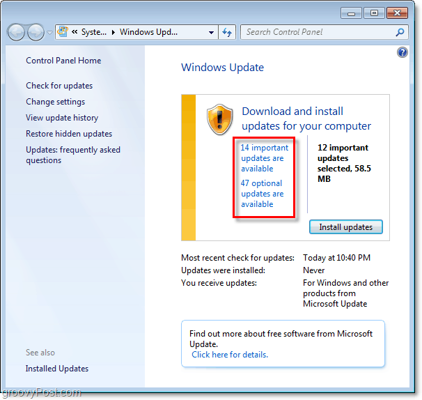 Windows 7 - A Windows Update oldal képernyőképe
