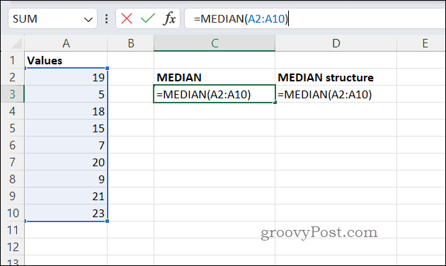 Példa MEDIAN képlet Excelben