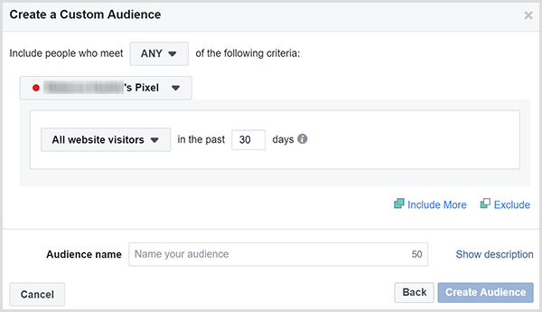 A Facebook Egyéni közönség létrehozása párbeszédpanelen lehetősége van arra, hogy hirdetéseket célozzon meg az összes webhely látogatója számára egy bizonyos napon belül.