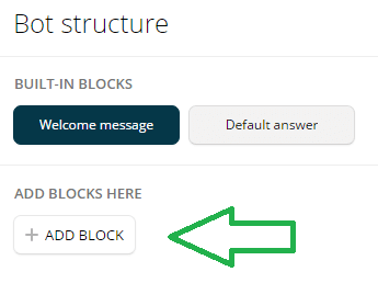 Kattintson a + Blokk hozzáadása elemre új blokk hozzáadásához a Chatfuel alkalmazásban.
