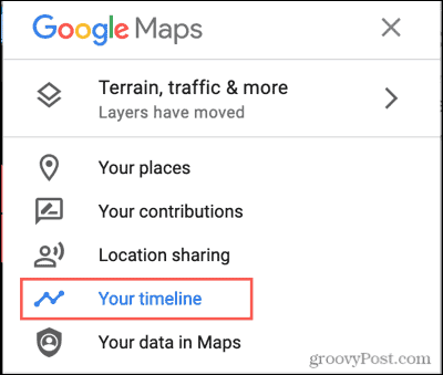 Google Maps menü, az idővonal