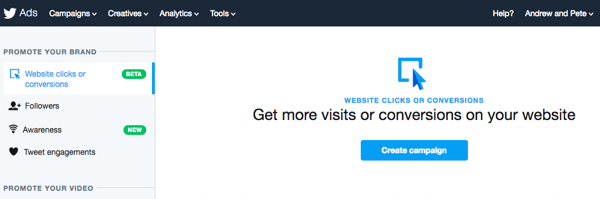 Válassza a Webhely kattintások vagy konverziók lehetőséget a Twitter-hirdetés beállításához.