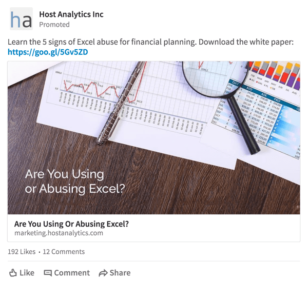 A Host Analytics egy fehér könyv letöltési ajánlatot nyújt a célzott közönség számára a LinkedIn-en.
