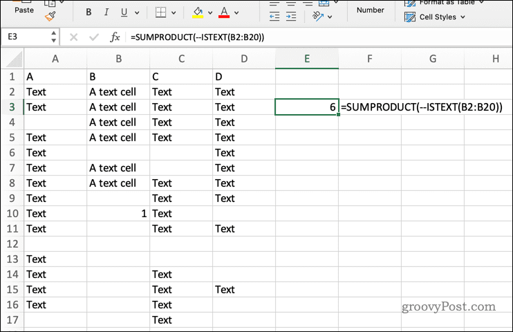 A SUMPRODUCT használata az ISTEXT-szel Excelben