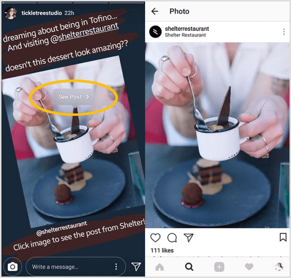 Érintse meg az újra megosztott Instagram bejegyzést, majd érintse meg a Lásd a gombot gombot, hogy közvetlenül az adott felhasználó eredeti bejegyzéséhez ugorjon.