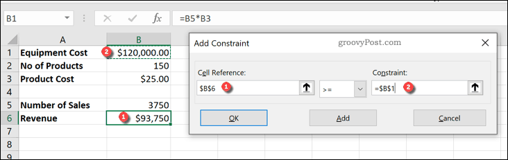 Kényszer hozzáadása az Excel Solver lekérdezéshez