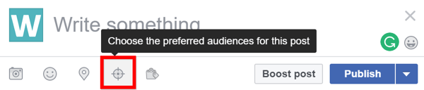Ha meg szeretné tudni, hogy a közönségoptimalizálás engedélyezve van-e a Facebook-oldalán, keressen egy új bejegyzés létrehozásakor a célzás ikont.