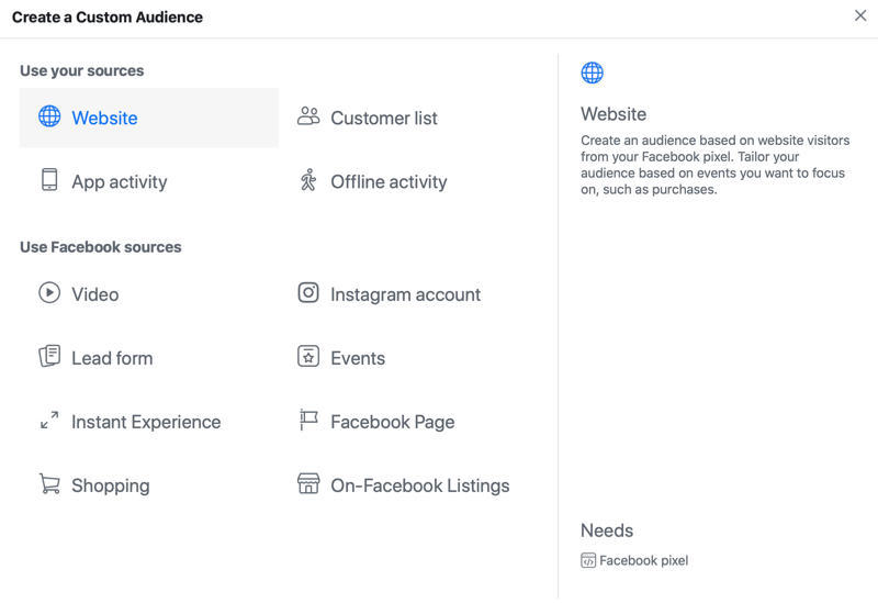 facebook hirdetés egyéni közönség menüpontjai a kiválasztott webhelyforrás opcióval