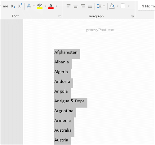 Válogatott lista a Microsoft Word programban