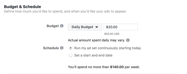 Facebook Ads Manager, Költségvetés és ütemezés szakasz a hirdetéskészlethez
