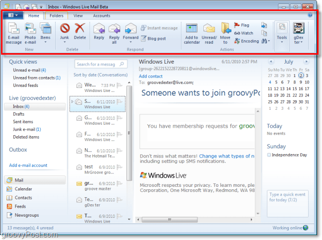 hűvös új szalag a Windows Live Mail számára