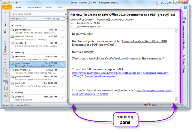 Az Outlook 2010 alapértelmezett olvasóablak-helyének megváltoztatása és az e-mailek olvashatóságának megkönnyítése