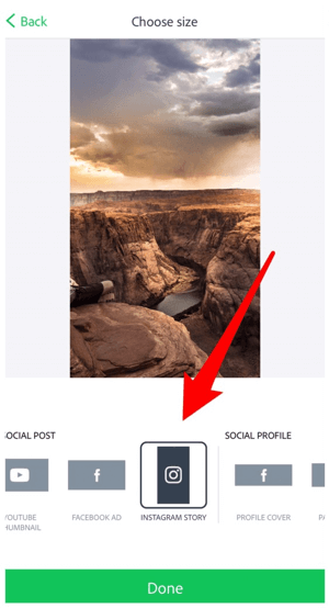 A képmérethez válassza az Instagram Story lehetőséget.