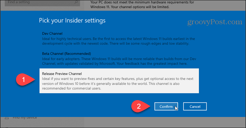 Válassza ki a Windows Insider program Kiadási előnézeti csatornáját