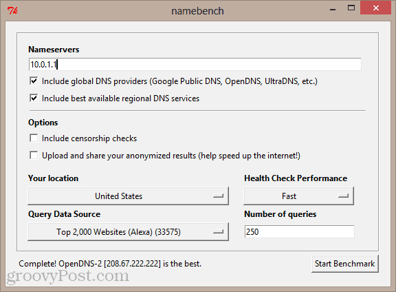 namebench GUI a Windows 8-ban