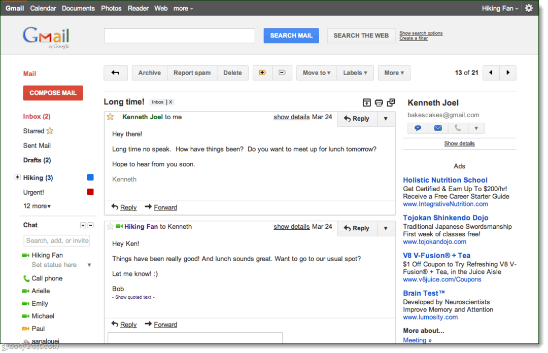 A Gmail előnézeti beszélgetési témája
