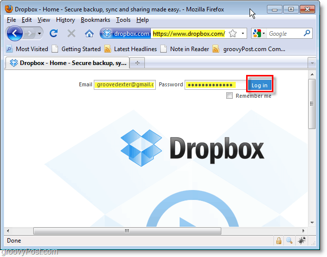 Dropbox képernyőképe - Bejelentkezés a dropboxba