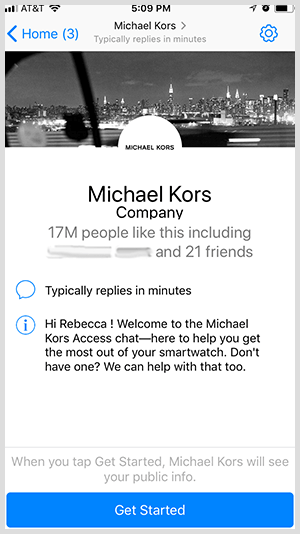 Ha olyan Messenger botot szeretne választani, mint Michael Kors, a felhasználók kattintson az Első lépések gombra.