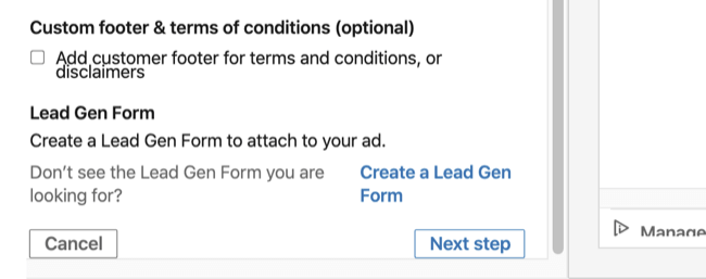 Lead Gen Form opció a LinkedIn beszélgetési hirdetés beállításának Alapinformációk szakaszában