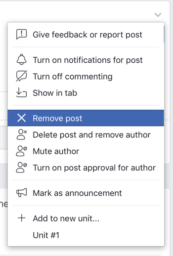 Hogyan lehet javítani a Facebook csoport közösségében, Facebook menü opcióval, hogy eltávolítson egy bejegyzést a csoportjából