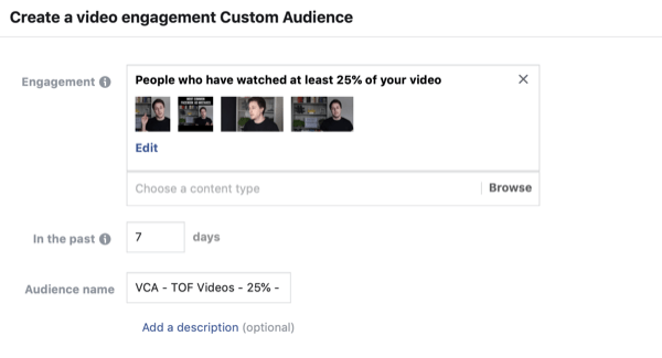 Hozza létre a videomegtekintők Facebook egyéni közönségét, 2. lépés.
