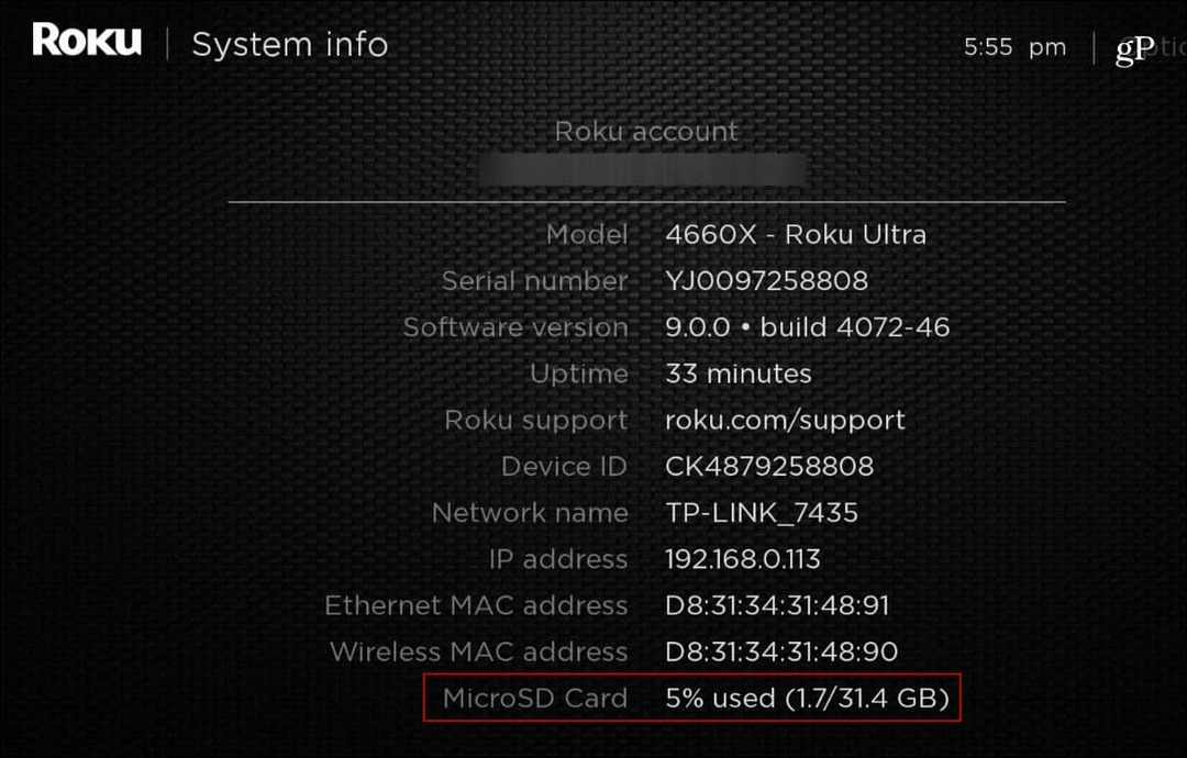 Roku_Ultra System Info MicroSD kártya
