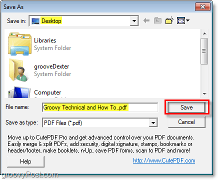 válassza ki a pdf fájl mentési helyét az újonnan létrehozott pdf fájlhoz a cutePDF segítségével a Windowsban