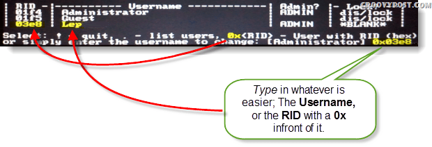 Válasszon!, Kilépés. - felsorolja a felhasználókat, 0x <RID> - felhasználó RID-vel (hex), vagy egyszerűen írja be a megváltoztatni kívánt felhasználónevet: [Administrator]