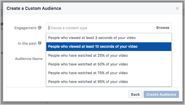 A Facebook egyéni közönsége 10 másodperces videomegtekintések alapján.