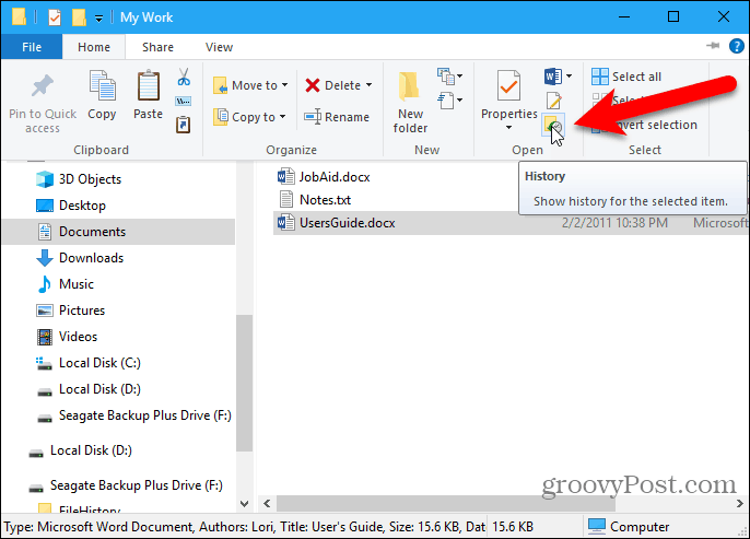 Kattintson az Előzmények elemre a File Explorerben