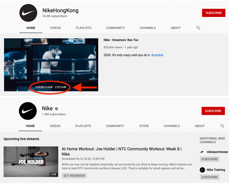 Nike teljes piaci YouTube-fiók és piac-specifikus hongkongi fiók